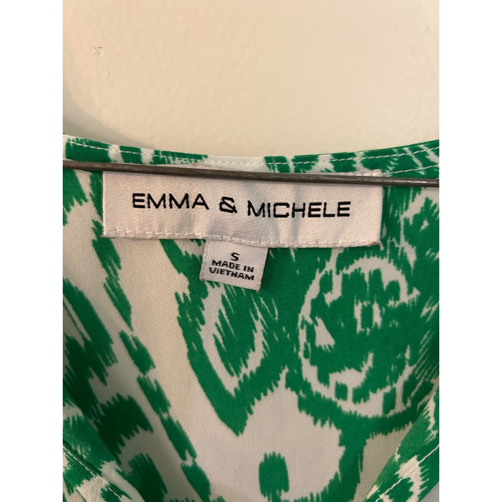 Emma & Michele Green White Ikat Paisley Dress Size S 3/4 Sleeve - Picture 2 of 7